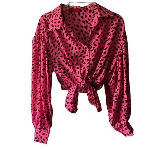 pink leopard print top button front blouse Small Crop Top Knot Front barbiecore
